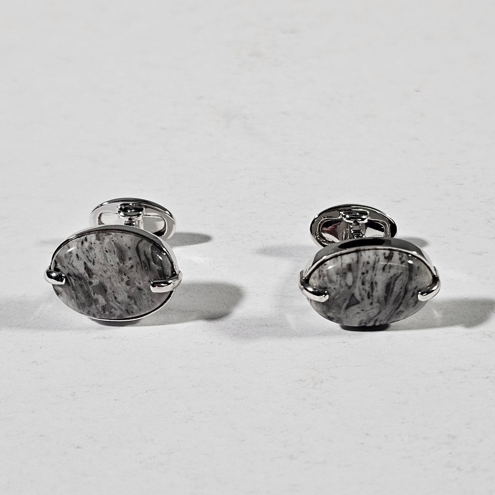 Jan‎ Leslie Cufflinks Mens OS Grey Sterling Silver 925 Marble Stone Oval Toggle